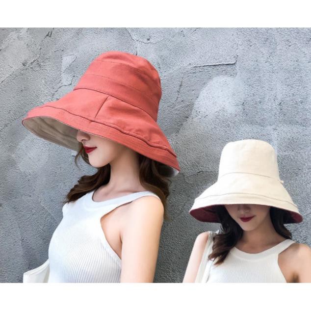 Mũ Vải Vành Rộng 2 Mặt 2 Màu Có Dây Rút  - Mặt trong màu Trắng