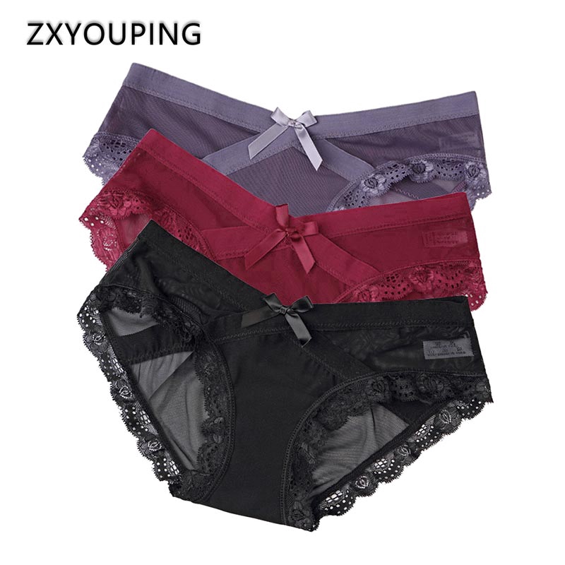 Quần lót eo thấp vải lưới xuyên thấu thoáng khí không đường may phối ren và đính nơ gợi cảm cho nữ