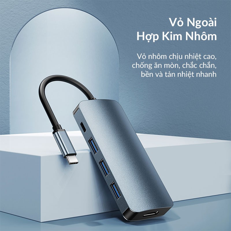 Hub Type C Chuyển Đổi 5 trong 1 REMAX RU-U5 Đa Năng Hỗ Trợ 3 Cổng USB 3.0, Cổng HDMI 4K, Cổng Sạc USB-C 100W, PD3.0