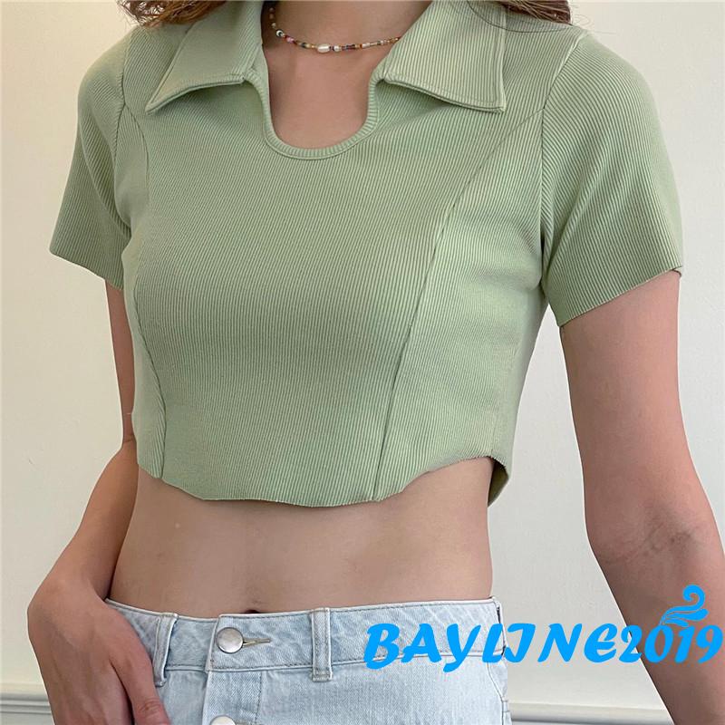 Áo Croptop Tay Ngắn Cổ Bẻ Màu Trơn Thời Trang Mùa Hè Dành Cho Nữ
