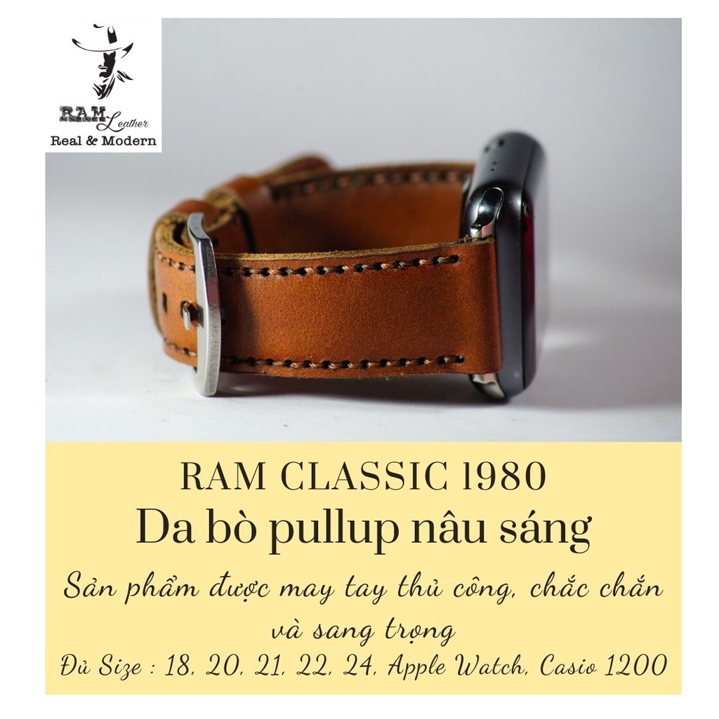 Dây apple watch da bò nâu đỏ handmade bền chắc cực đẹp RAM Leather classic 1980 - tặng khóa chốt và adapter