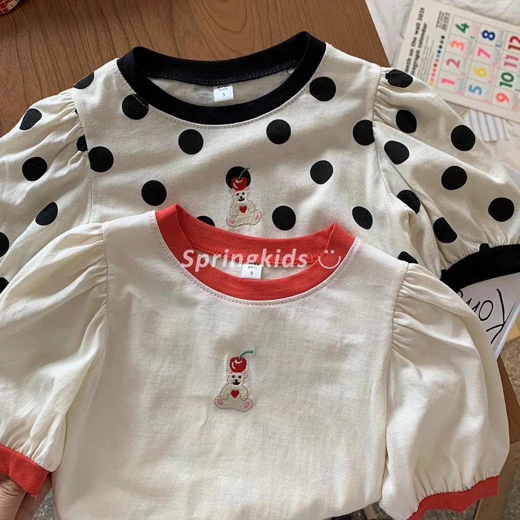[Babycat] Hàng Có Sẵn Quần Áo Nhỏ Họa Tiết Chấm Bi Thêu Hình Gấu Phong Cách Hàn Nhật Hàn Quốc Tinh Tế Dễ Thương Dành Cho Bé Gái