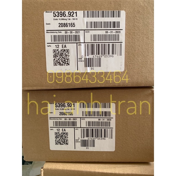 Viên uống chống rụng tóc Biotin 10.000mcg 100v