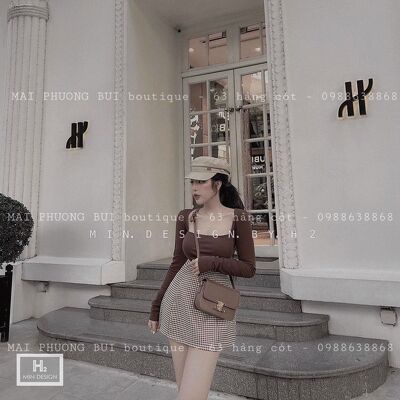 Chân váy chữ A kẻ zíc zắc cạp cao