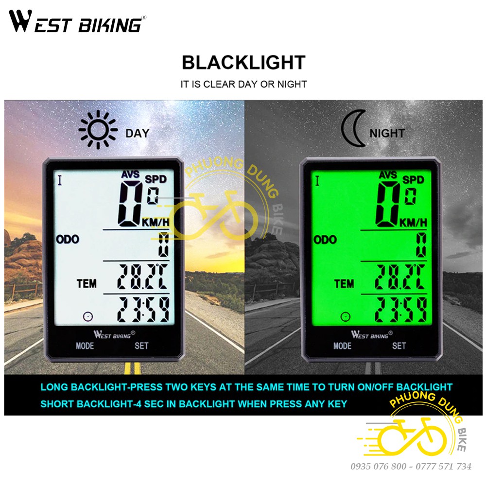 Đồng hồ đo tốc độ xe đạp không dây WEST BIKING mặt to có đèn nền
