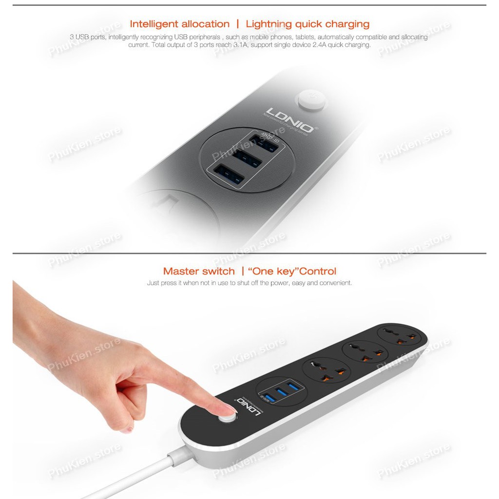 Ổ cắm điện kèm cổng USB cao cấp tự động chỉnh dòng ra, phích cắm EU cho Việt Nam LDNIO SC3301 SC3604 Đen dây dài 2m