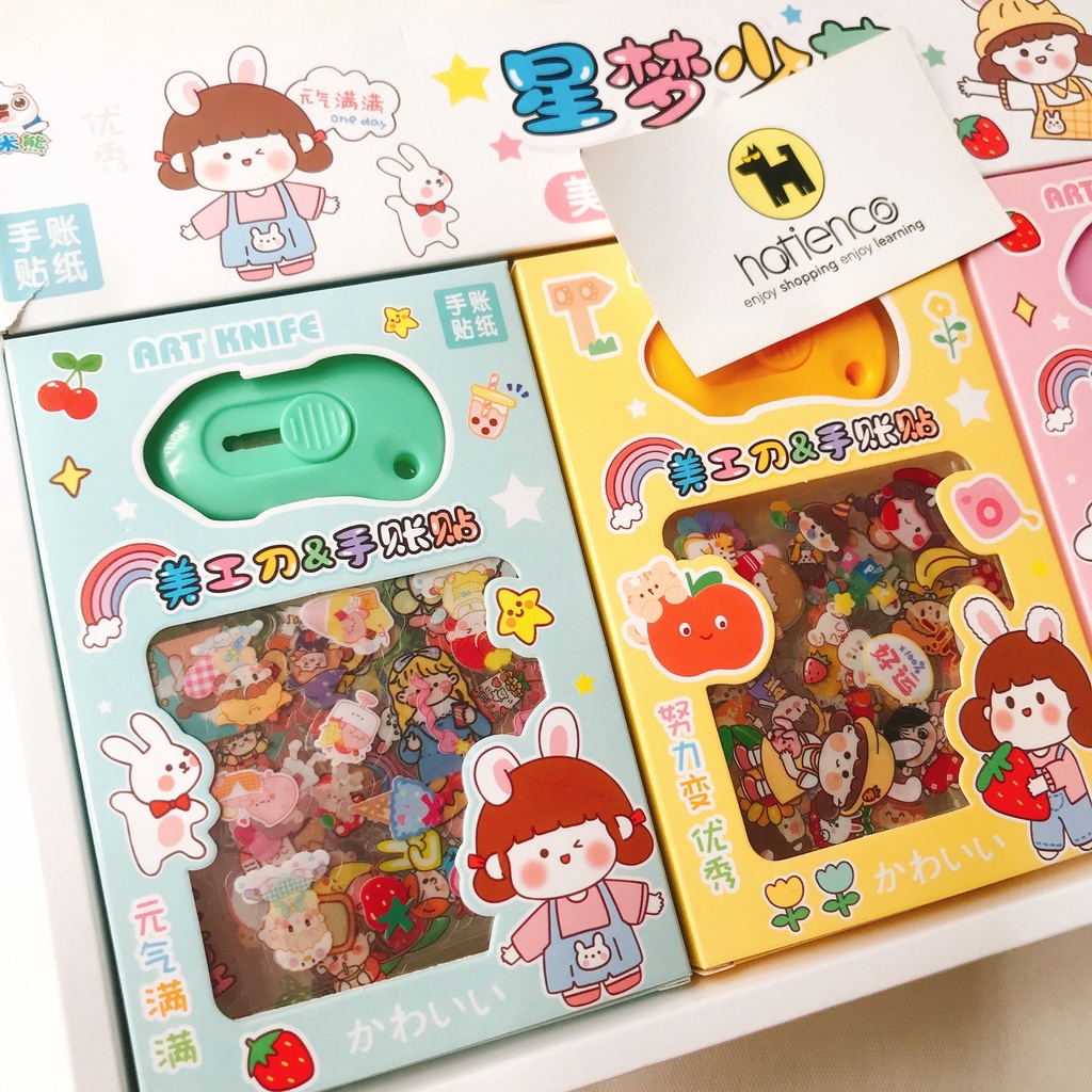 Hộp sticker cute kèm dao rọc giấy