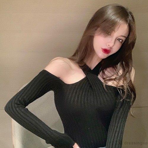 Áo dệt kim tay dài cổ yếm đan dây chéo thời trang quyến rũ cho nữ