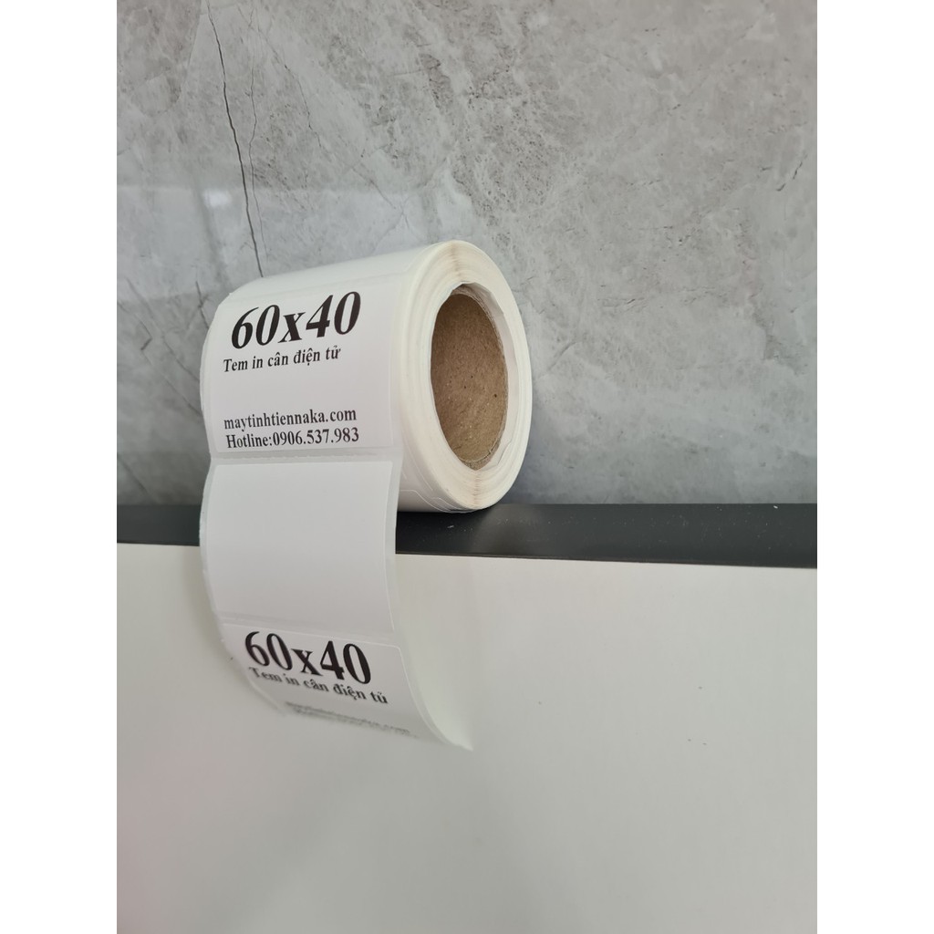 Tem decal nhiệt 60x40 mm - Giấy in mã vạch 6x4 cm dài 25m dùng in tem phụ Minicode dán lên sản phẩm hàng hóa