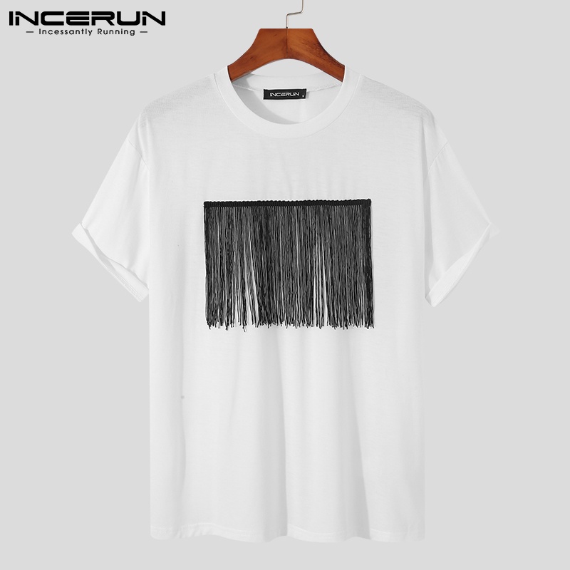 Áo Thun INCERUN Ngắn Tay Cổ Tròn Phối Tua Rua Thời Trang Cho Nam