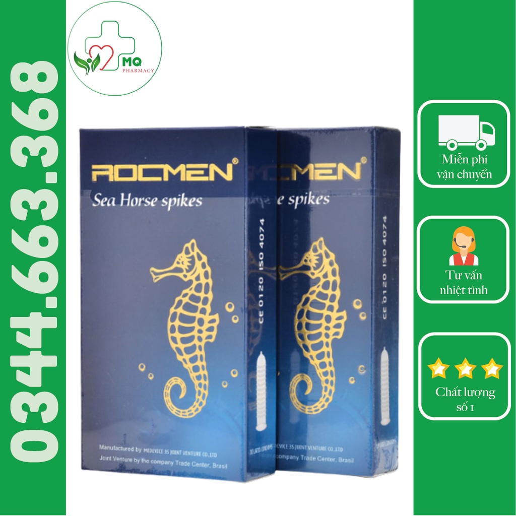 Bao cao su Rocmen Cá Ngựa Xanh gân gai, kéo dài thời gian hộp 10 bao - MQPHARMACY