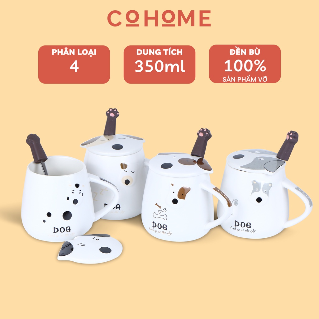 Ly sứ in hình chó có nắp đậy 350ml, cốc uống nước cute phù hợp quà tặng và đồ decor