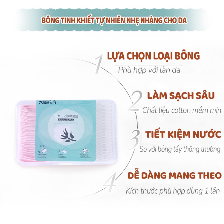 Hộp Bông Tẩy Trang 3 in 1 Cotton 100% Mềm Mịn Hộp 320 Miếng Tẩy Trang, Trang Điểm, Đắp Mặt Nạ - Tuấn Tú Office Store