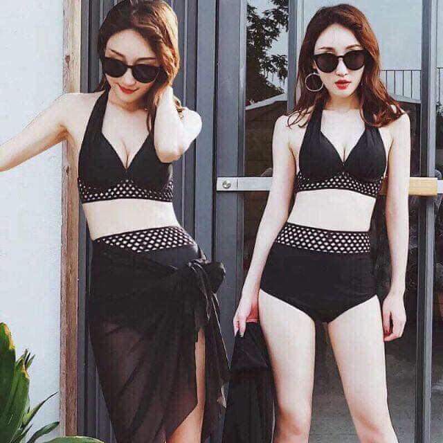 Bikini, Combo Ba Món Đồ Bơi Hai Mảnh Cạp Cao GỌNG Đen Phối Lưới Kèm Khăn ODERI HM-010-1
