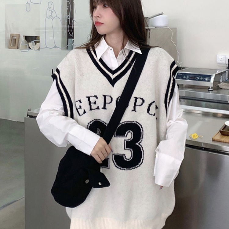 Áo len không tay cổ chữ V dáng rộng thời trang cho nữ | BigBuy360 - bigbuy360.vn