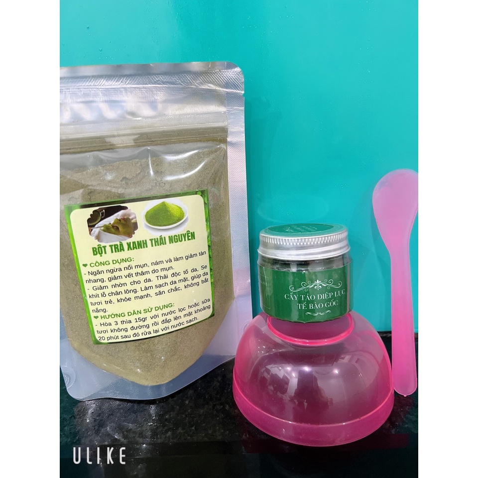 Cấy tảo diệp lục tế bào gốc tặng trà xanh 100g, bát thìa, cọ