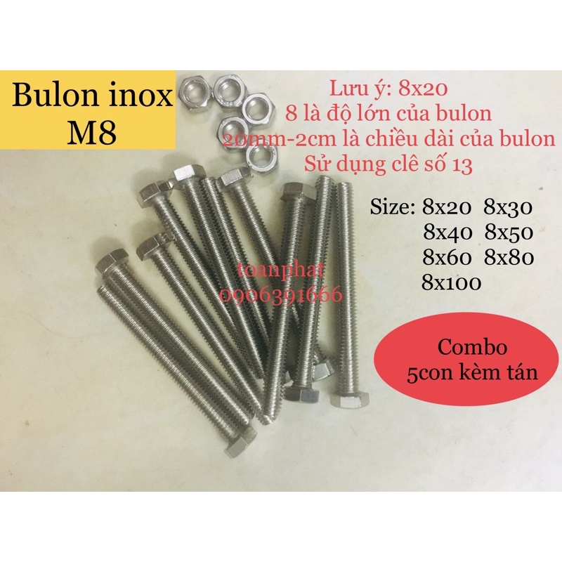 [Combo 5bộ] Bulon inox M8| Bù lông inox M8| Bulon+tán inox M8 size 20-30-40-50-60-80-100