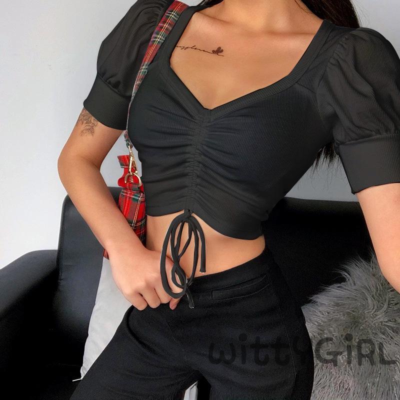 W[]-Summer Sexy V-Neck T-shirt Women Crop Tops Solid Drawstring Tee | BigBuy360 - bigbuy360.vn