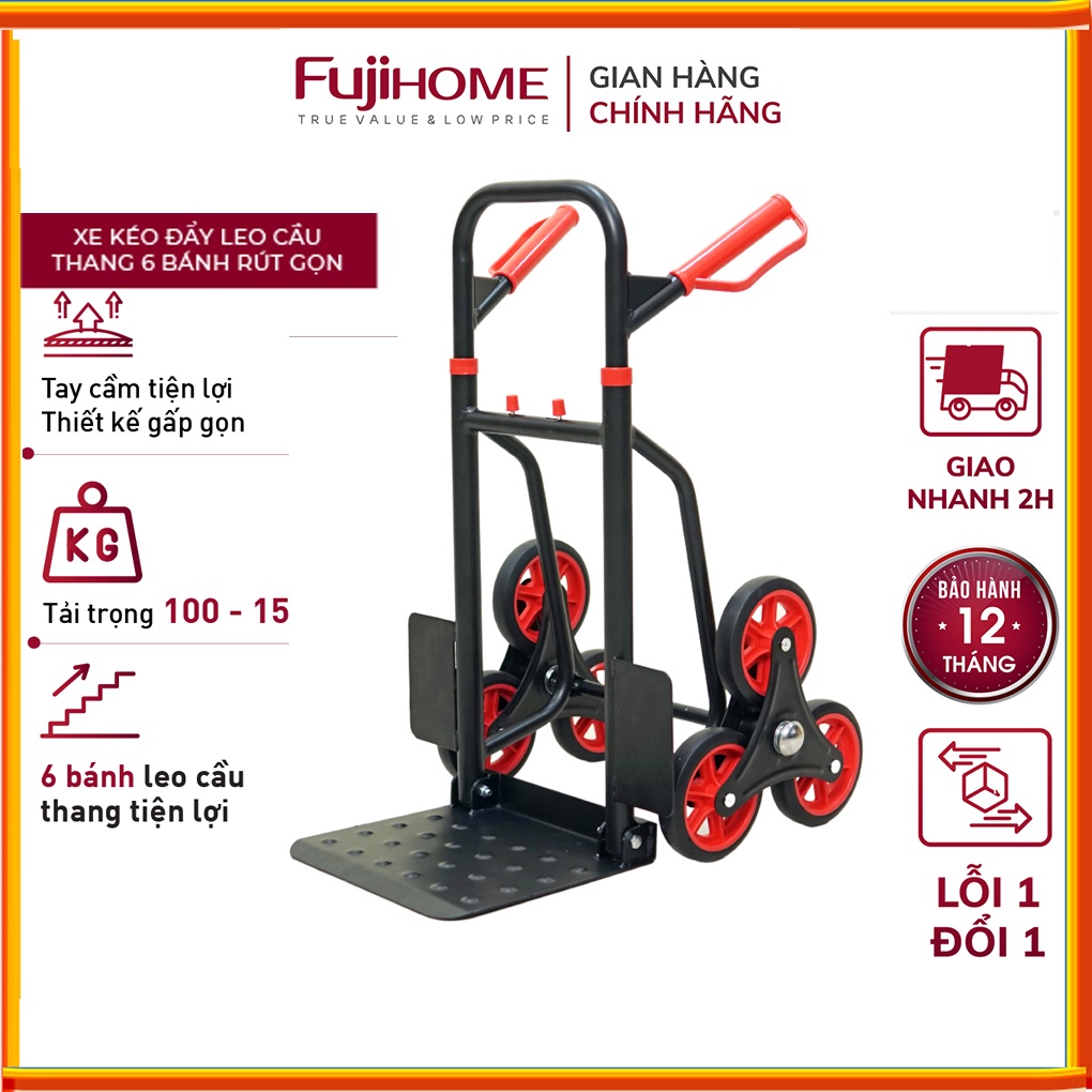 Xe đẩy hàng leo cầu thang 6 bánh rút gọn tải trọng 150kg Nhật Bản FUJIHOME 6150, xe kéo hàng lên xuống cầu thang xếp gọn