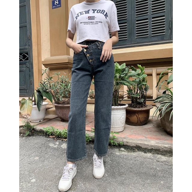 Quần Jeans Ống Rộng Cạp Khuy Chéo B117 - Glister Closet