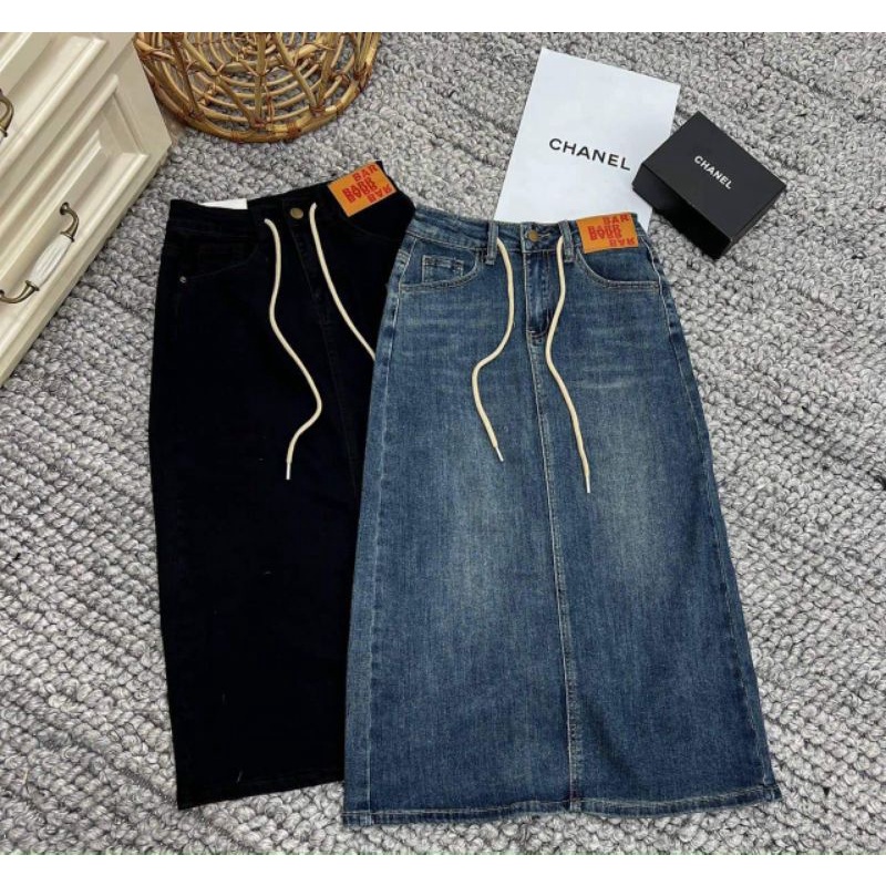 Chân váy jeans dài tag da cạp hàng QCL1