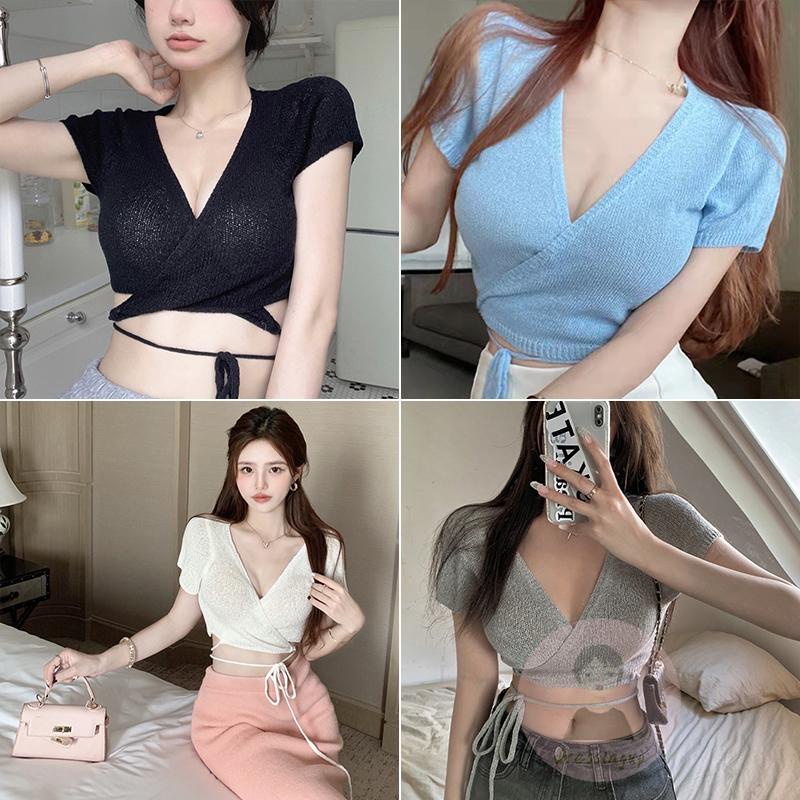 Áo Dệt Kim Ngắn Tay Cổ Chữ V Màu Trơn Thời Trang Cho Nữ