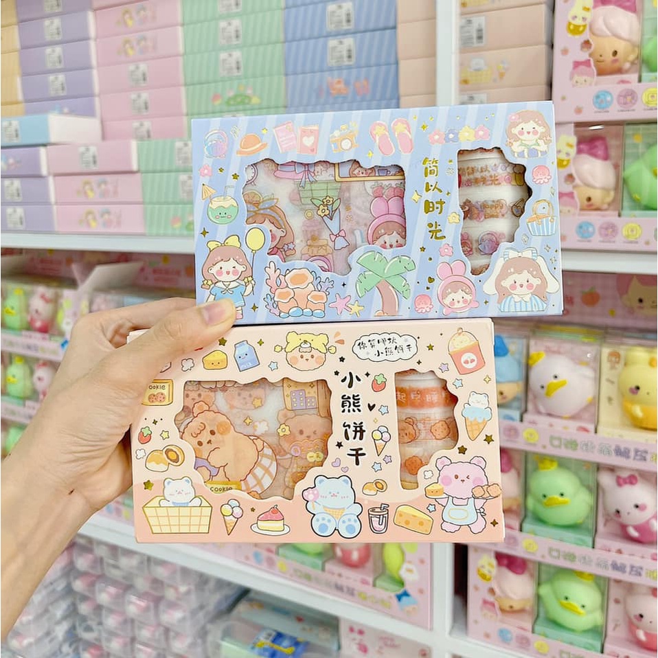 Hộp 10 washi tape + 10 sticker hình dán dễ thương