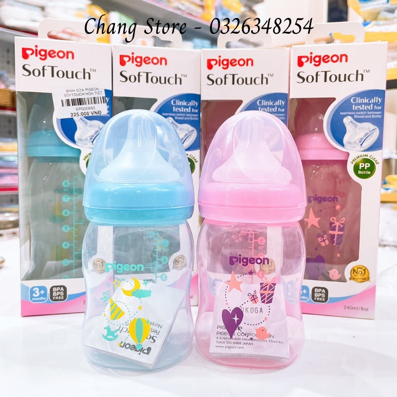 [CHÍNH HÃNG] Bình sữa Cổ Rộng PP Plus Pigeon hoạ tiết Xanh/ Hồng Cho bé từ 0M+ 160ml, 240ml