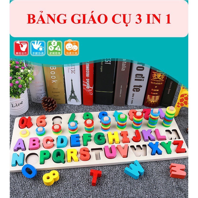 [Size lớn] Bảng gỗ Montessori đa năng, Bảng chữ cái tiếng Anh, bảng số đếm, cột tính, phân biệt màu sắc, thả cọc luyện k