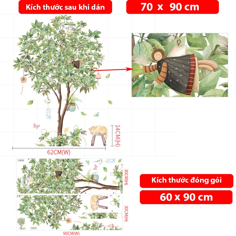 Decal dán tường cho bé Sticker dán tường in chất lượng cao có keo mặt sau mẫu Cây Xanh Mát YJM-AB