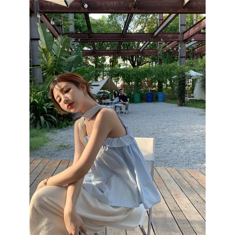 Áo quây form xoè chữ A vòng cổ hơ lưng màu xanh pastel