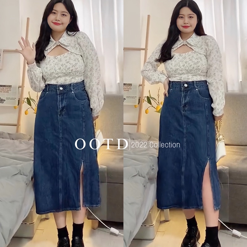 Chân váy jean bigsize dáng midi xẻ