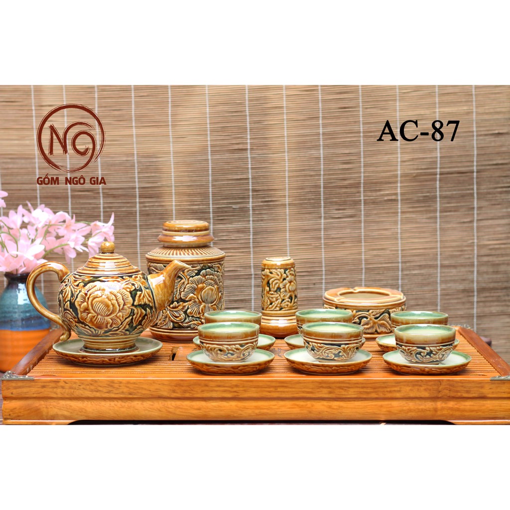 Ấm trà⚡️BÁT TRÀNG⚡️Ấm chén, tách trà, ly men hỏa biến vàng phù dung khắc nổi cao cấp giá rẻ AC-87