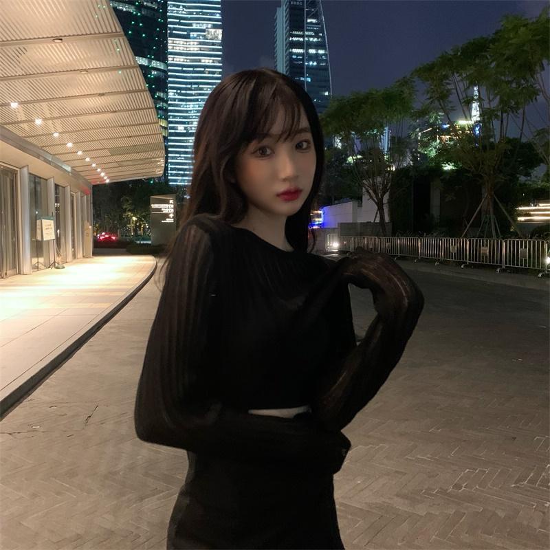 Áo Sweater Tay Dài Trong Suốt Nhẹ Nhàng Chống Nắng Thiết Kế Thân Ngắn Kiểu Nước Ngoài