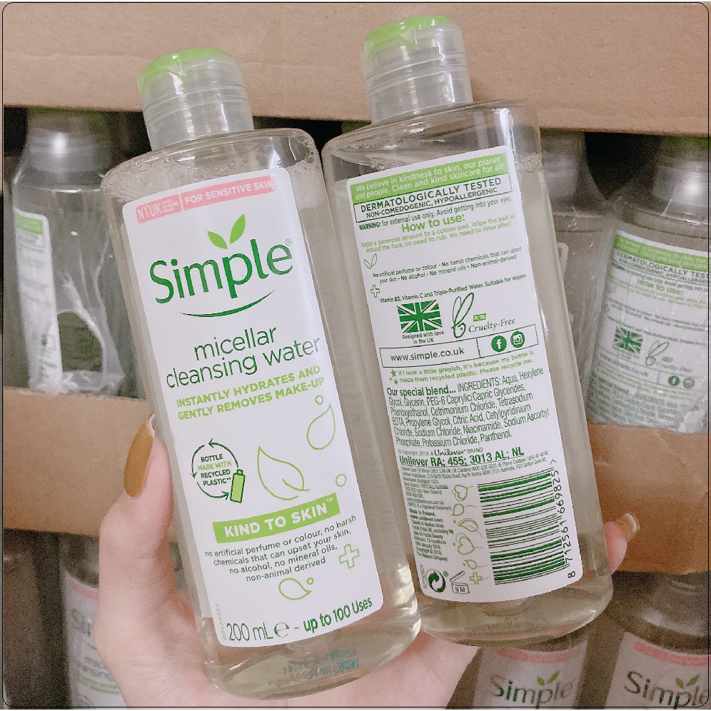 Nước tẩy trang Simple Micellar  Freeship  làm sạch da, không chứa cồn, không gây khô rát 200ml