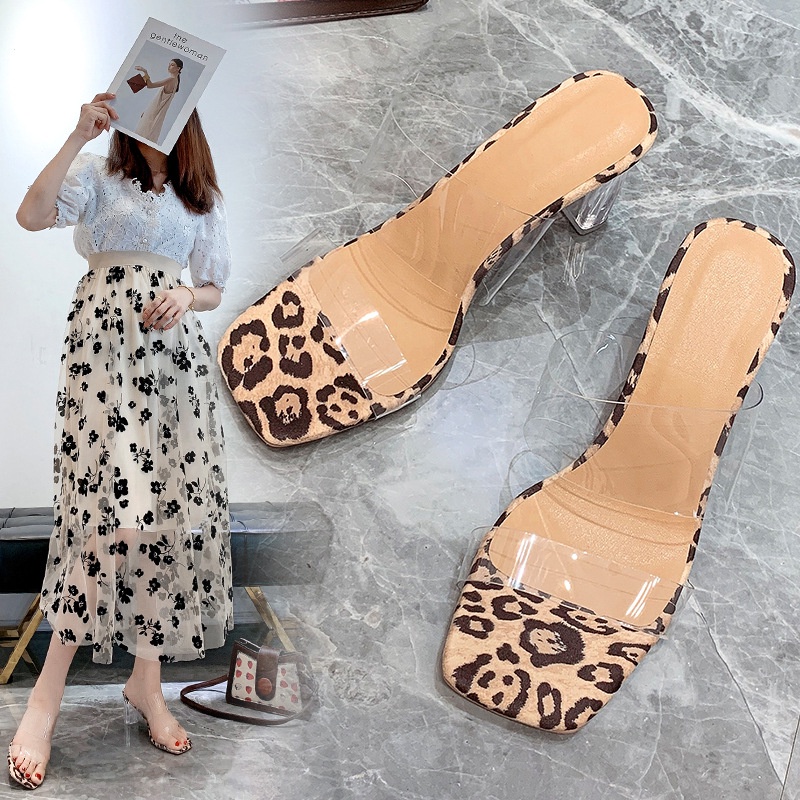 Summer new leopard print sexy one-line transparent high heel sandals female fairy style thick heel crystal heel slippers n82u