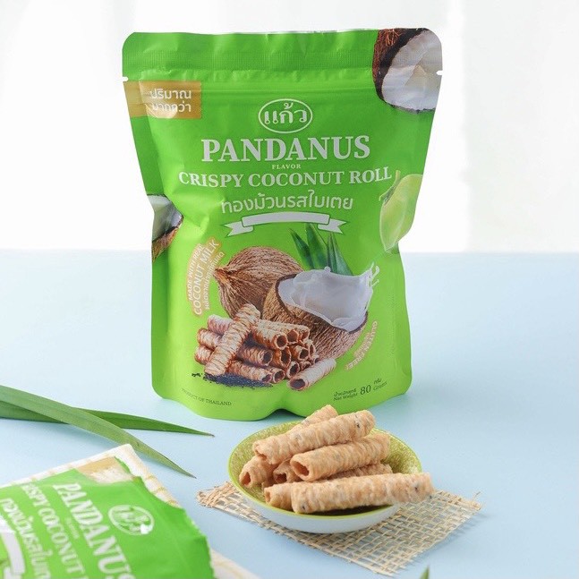 Bánh Cuộn Dừa KAEW Nhập Khẩu Thái Lan Vị Lá Dứa Túi Zip (80g/gói)