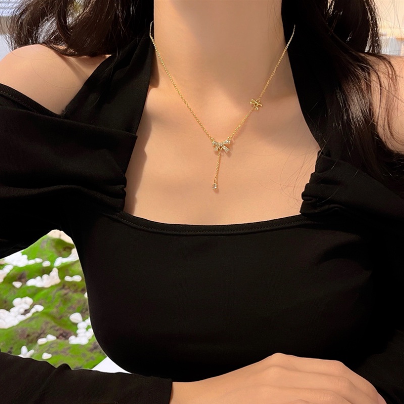 Vòng cổ Mạ Vàng 14K Mặt Nơ Đính Đá Thời Trang