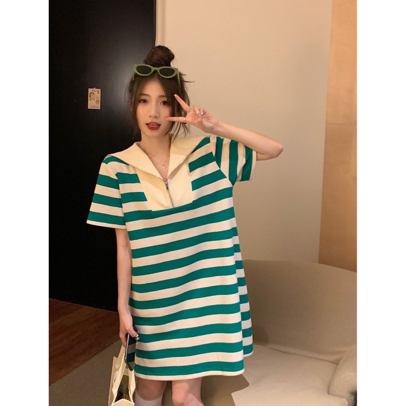 COZOK Đầm Sọc Cổ Hải Quân In Hình monogram Cổ Điển