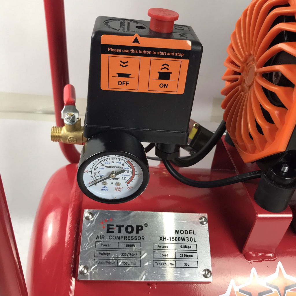 Máy nén khí không dầu 1500W-30lit chính hãng ETOP lõi đồng 100%, 2 đầu nạp khí siêu nhanh