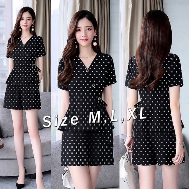 Set nguyên bộ quần short chấm bi thắt nơ eo xinh xắn