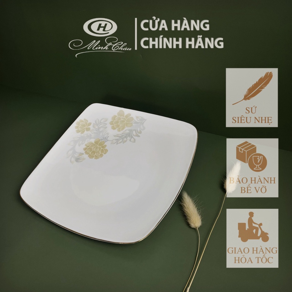 [Sứ Siêu Nhẹ] Đĩa Vuông Sứ Xương Hoa Kẻ Vàng - Sứ Minh Châu