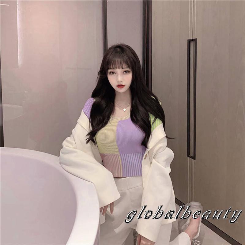 Áo dệt kim tay ngắn cổ tròn phối màu xinh xắn thời trang cho nữ