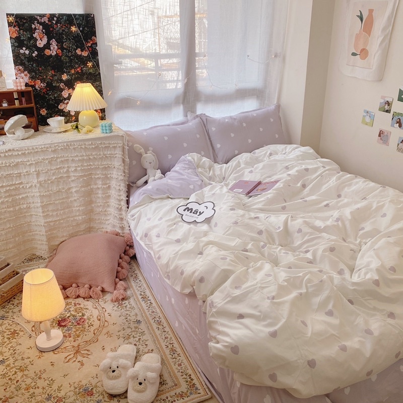 Bộ chăn ga gối Cotton Poly hoạ tiết tim phối màu xám vàng xanh hồng MÂY BEDDING đủ kích thước nệm