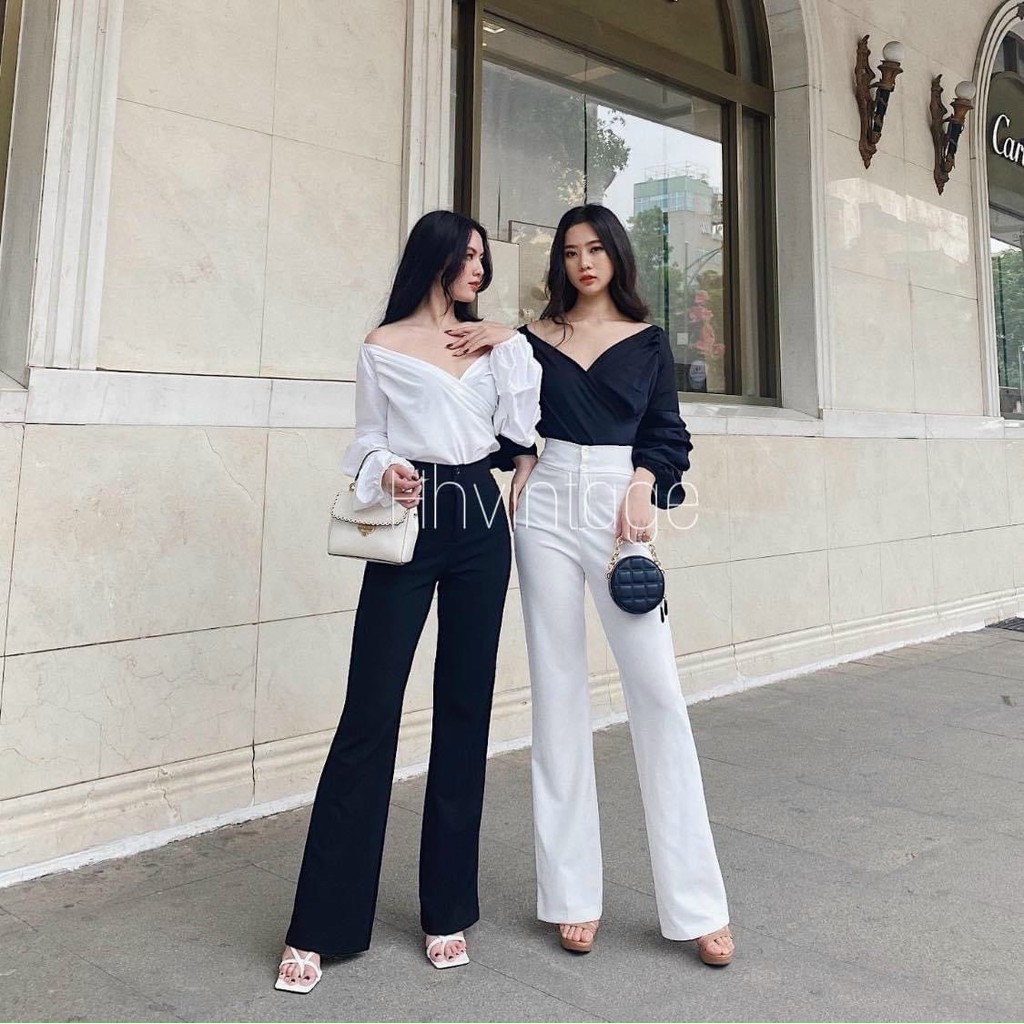 Quần ống loe cạp cao siêu xinh vải tuyết mưa | BigBuy360 - bigbuy360.vn