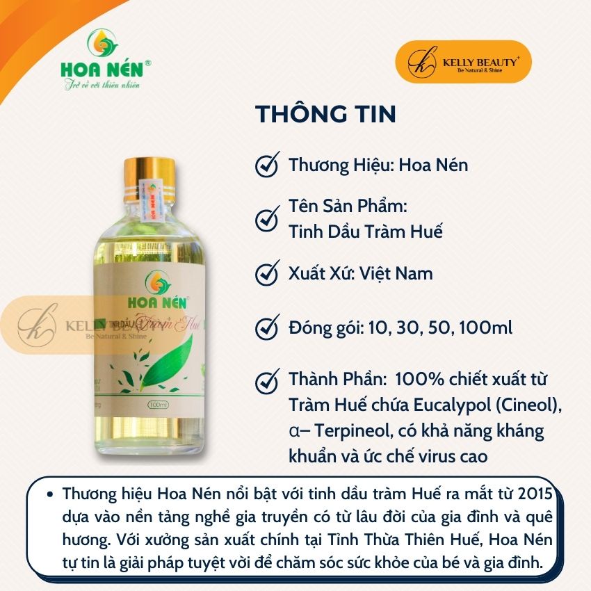 Tinh Dầu Tràm Huế HOA NÉN 100ml - Giữ Ấm, Phòng Cảm Cúm, Ho, Côn Trùng Cắn, Muỗi Đốt; Giảm Đau Khớp | KELLY BEAUTY