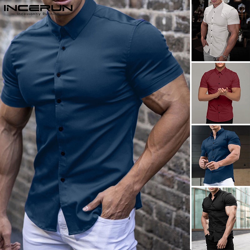 Áo sơ mi INCERUN tay ngắn màu trơn tùy chọn thiết kế đơn giản thời trang cho nam
