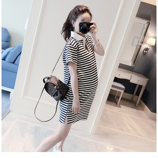 Đầm Bầu Dáng Suông Cổ Sơ Mi Kẻ Đen Trắng