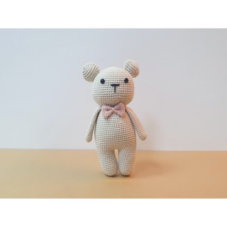 Thú len handmade, đan móc thú len. Gấu xám nơ hồng đáng yêu quà tặng an toàn cho bé