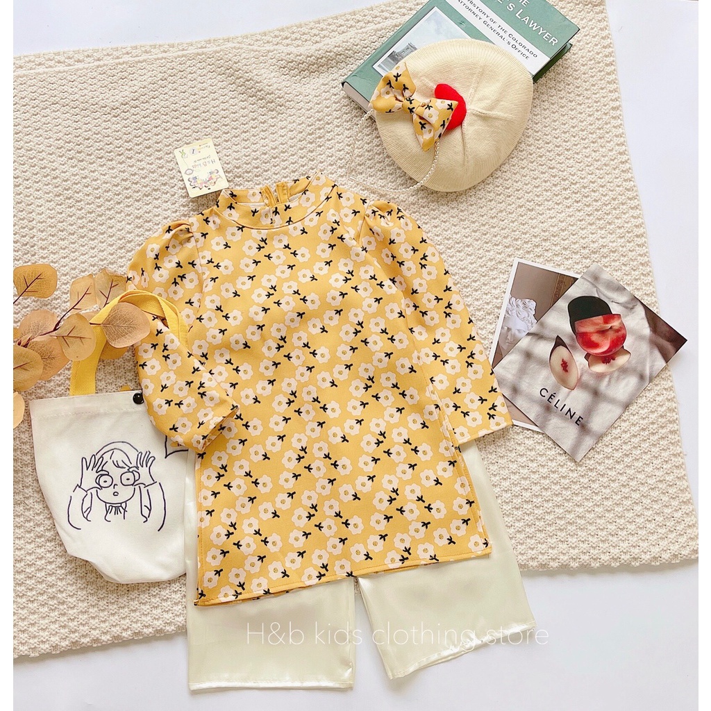 KTK034 Áo dài cách tân cho bé gái chất áo nhung hoa , quần lụa hàn mềm mịn